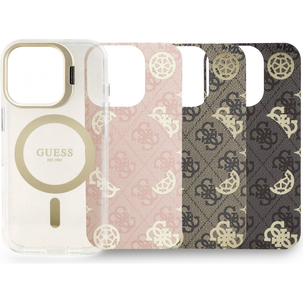 Coque iPhone 16 Pro - Guess magnétique MagSafe avec plaques interchangeables (rose / brun / noir) et Camera Stand - Transparent