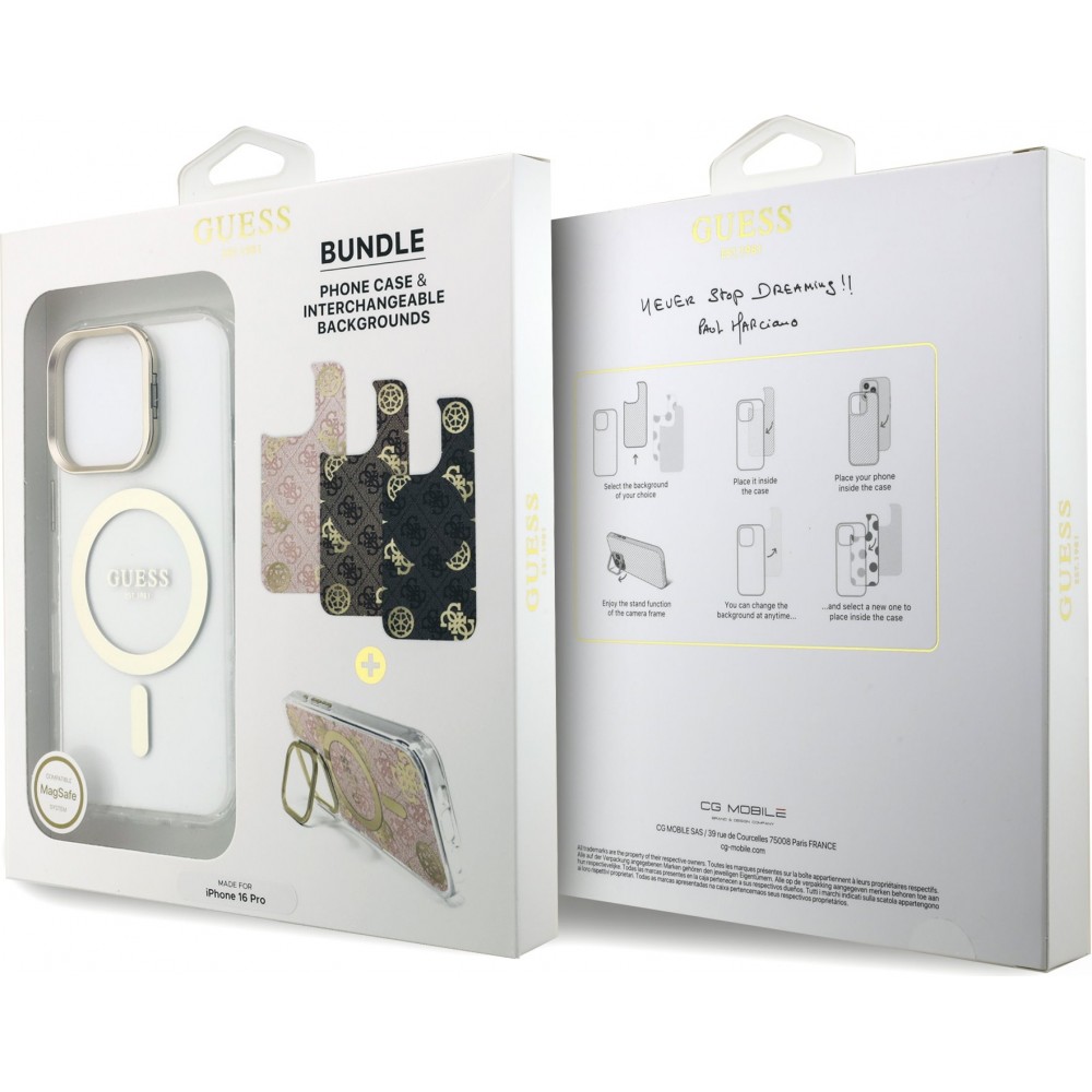Coque iPhone 16 Pro - Guess magnétique MagSafe avec plaques interchangeables (rose / brun / noir) et Camera Stand - Transparent