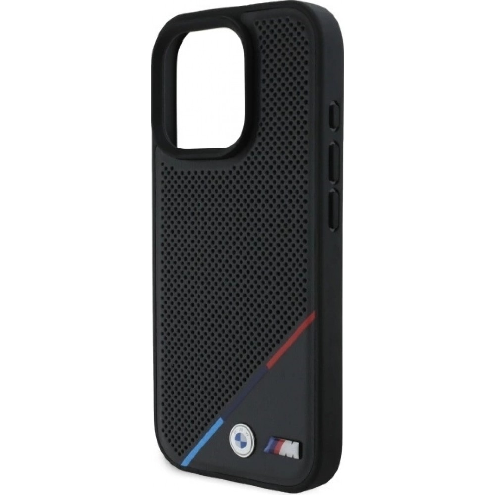 Coque iPhone 16 Pro Max - BMW M Ligne tricolore design perforé compatible MagSafe protection premium - Noir
