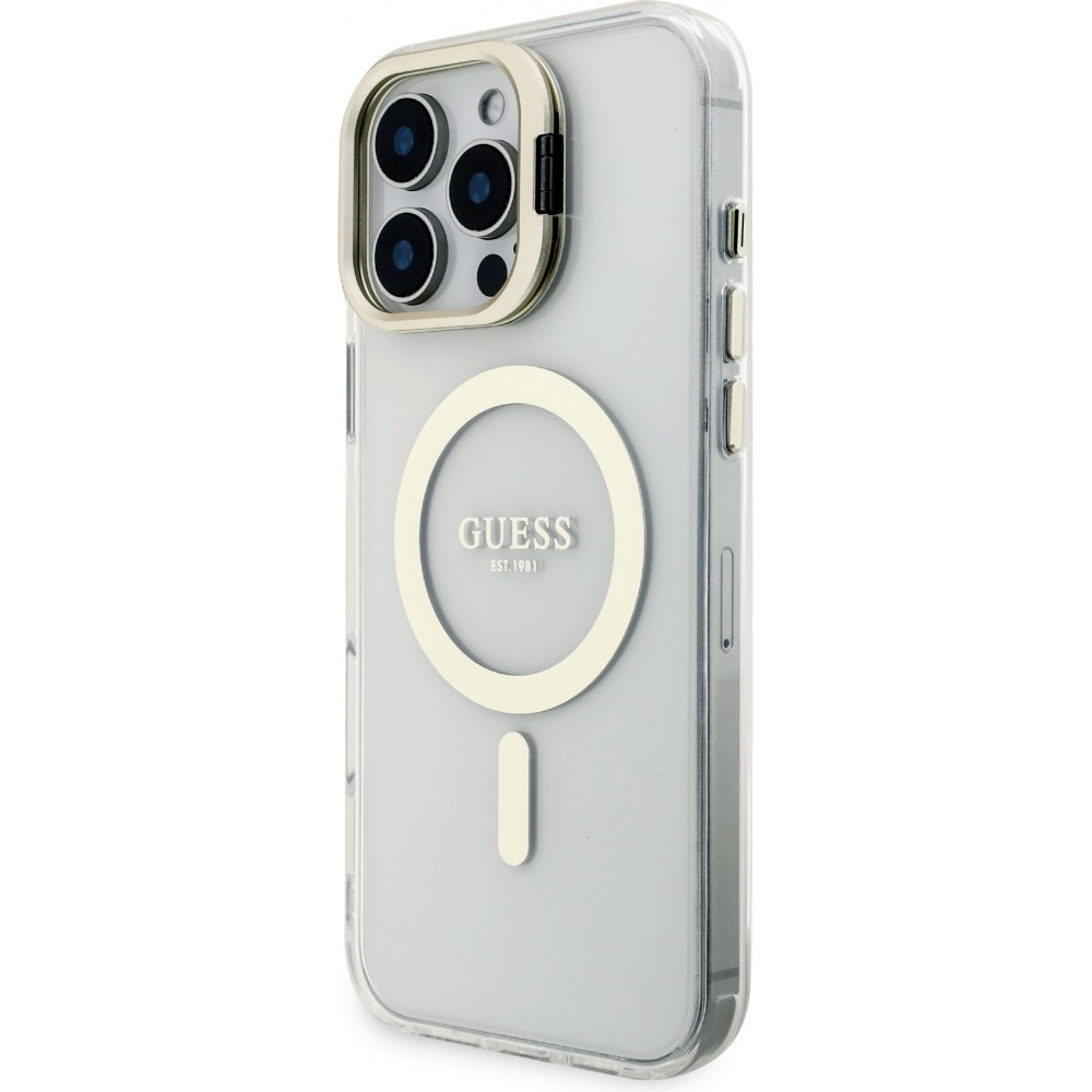 Coque iPhone 16 Pro Max - Guess magnétique MagSafe avec plaques interchangeables (rose / brun / noir) et Camera Stand - Transparent