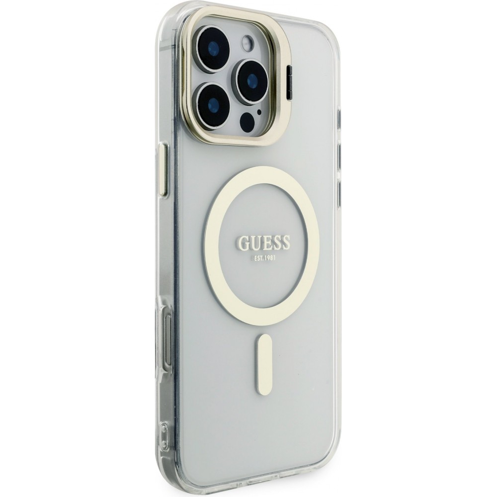 Coque iPhone 16 Pro Max - Guess magnétique MagSafe avec plaques interchangeables (rose / brun / noir) et Camera Stand - Transparent
