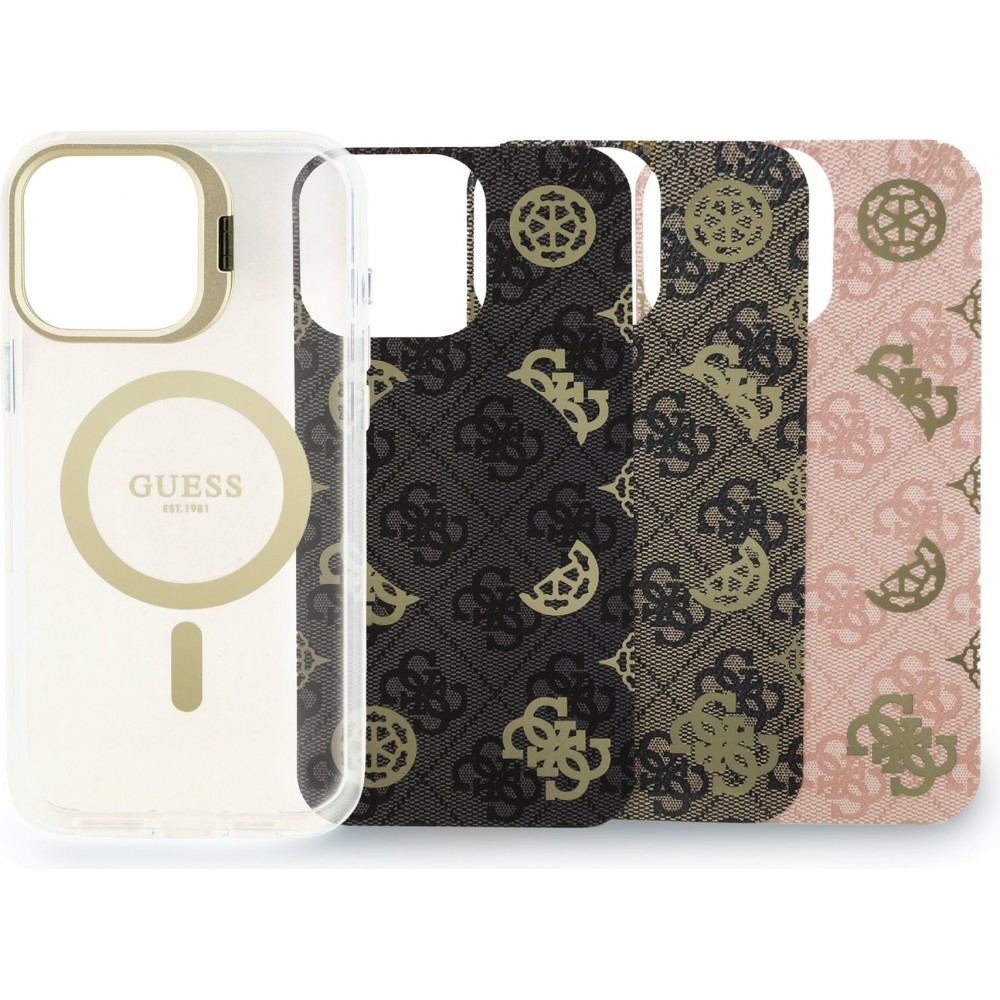 Coque iPhone 16 Pro Max - Guess magnétique MagSafe avec plaques interchangeables (rose / brun / noir) et Camera Stand - Transparent