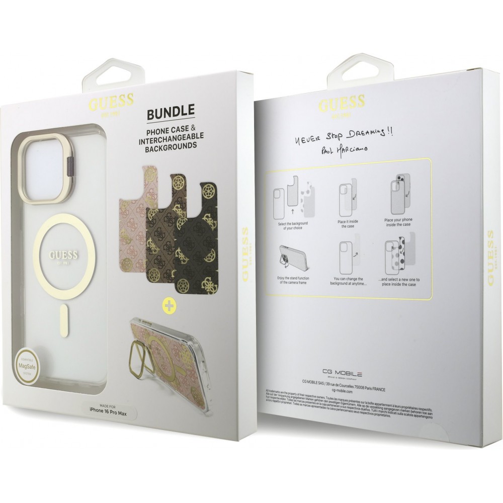 Coque iPhone 16 Pro Max - Guess magnétique MagSafe avec plaques interchangeables (rose / brun / noir) et Camera Stand - Transparent