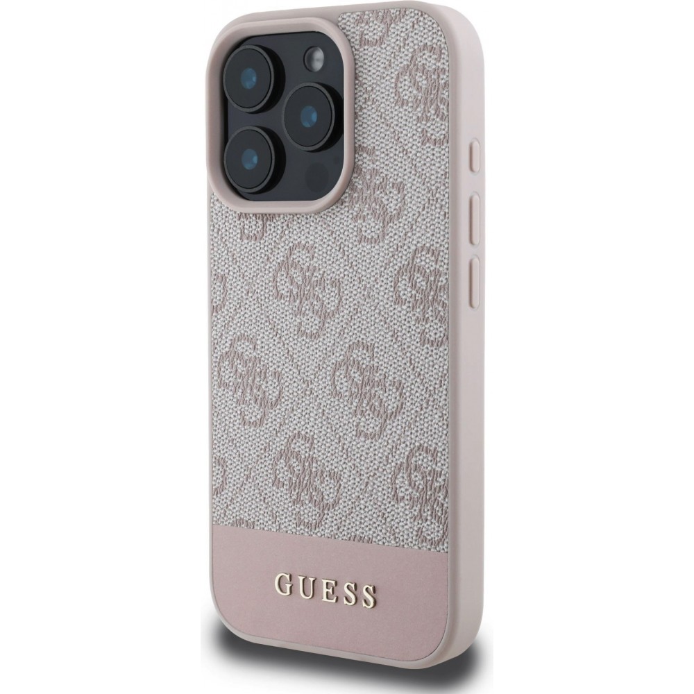 Coque iPhone 16 Pro Max - Guess pattern 4G avec logo 3D doré - Rose