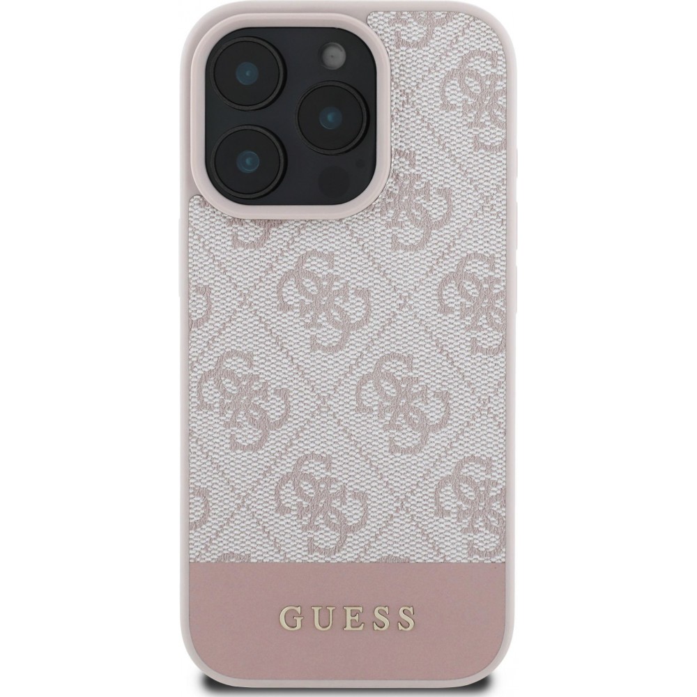 Coque iPhone 16 Pro Max - Guess pattern 4G avec logo 3D doré - Rose