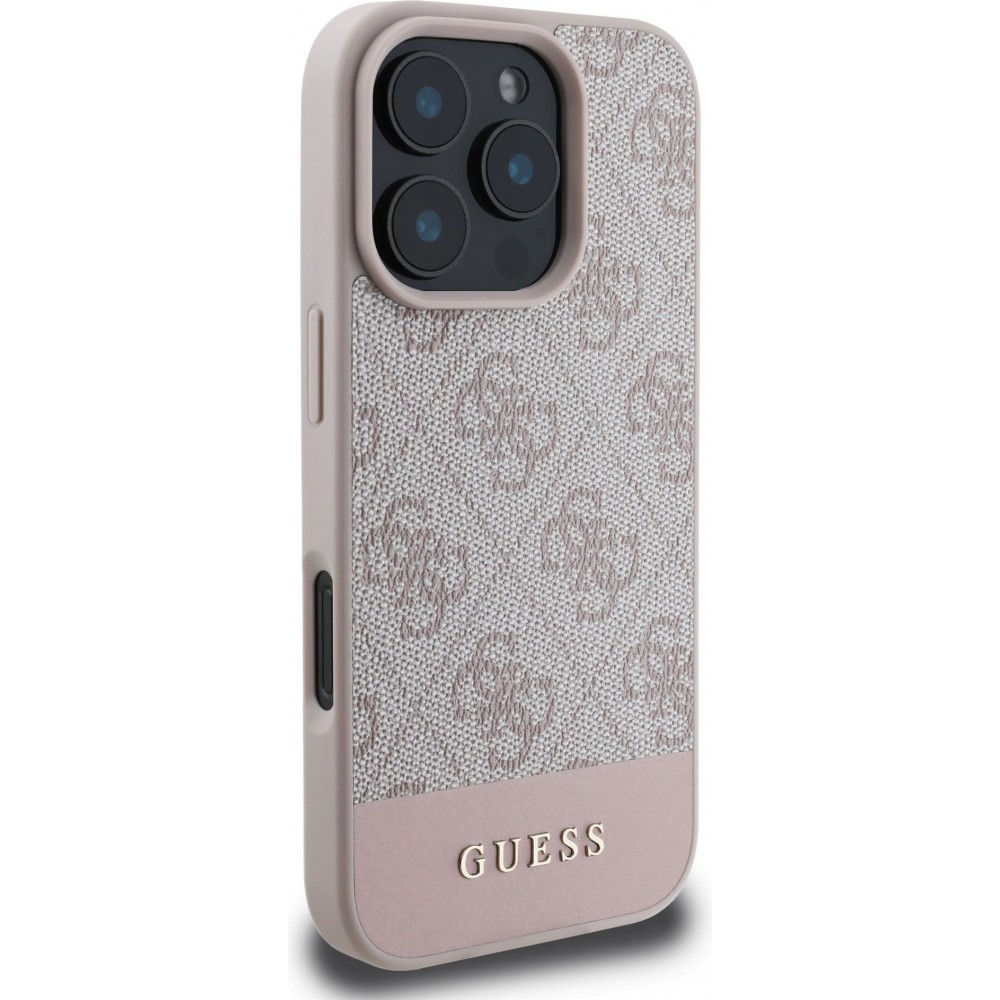 Coque iPhone 16 Pro Max - Guess pattern 4G avec logo 3D doré - Rose
