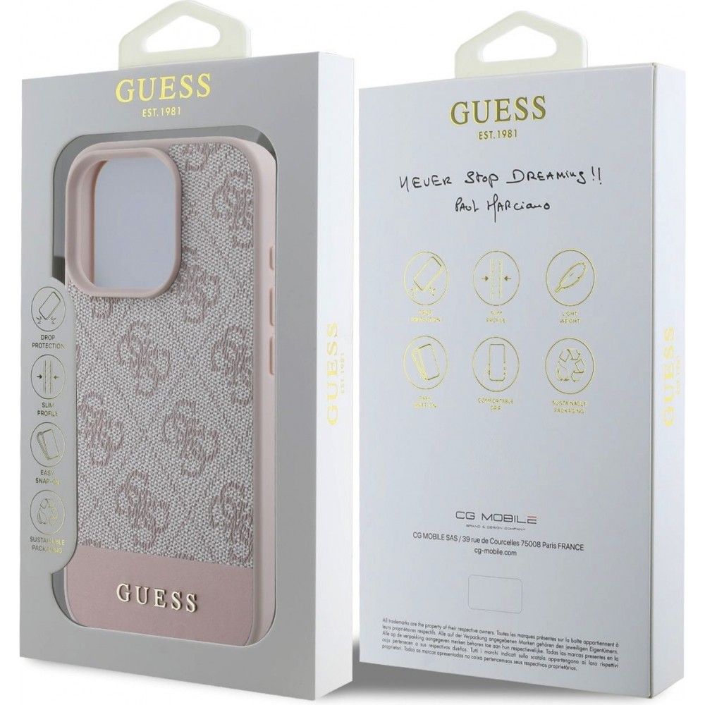 Coque iPhone 16 Pro Max - Guess pattern 4G avec logo 3D doré - Rose
