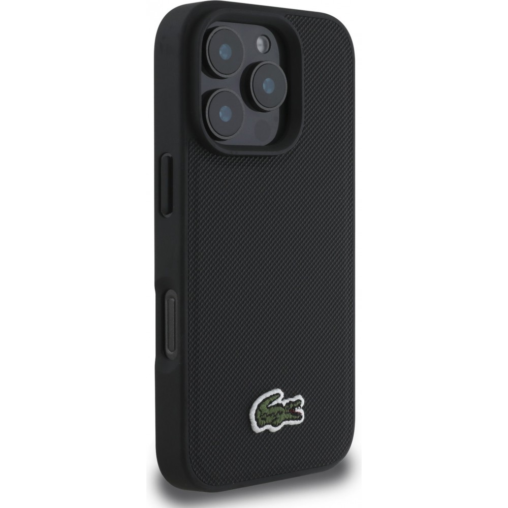 Coque iPhone 16 Pro - Pack Lacoste Iconique Petit Piqué avec logo tissé et câble de données USB-C vers USB-C - Noir