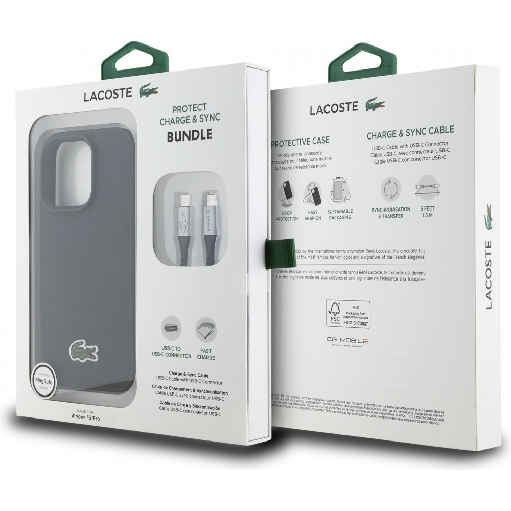 Coque iPhone 16 Pro - Pack Lacoste Iconique Petit Piqué avec logo tissé et câble de données USB-C vers USB-C - Noir