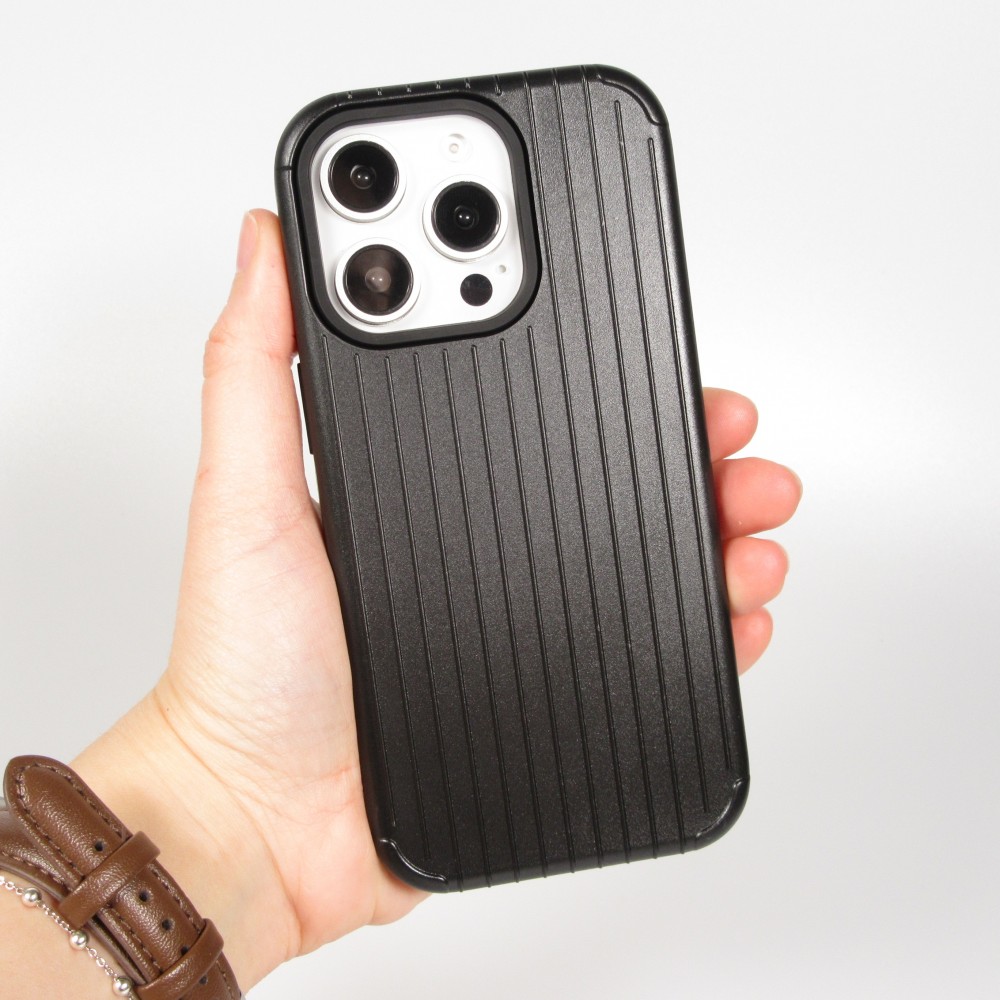 Coque iPhone 16 Pro Max - Rayée en plastique dur avec renforts en silicone protection antichoc au design texturé - Noir