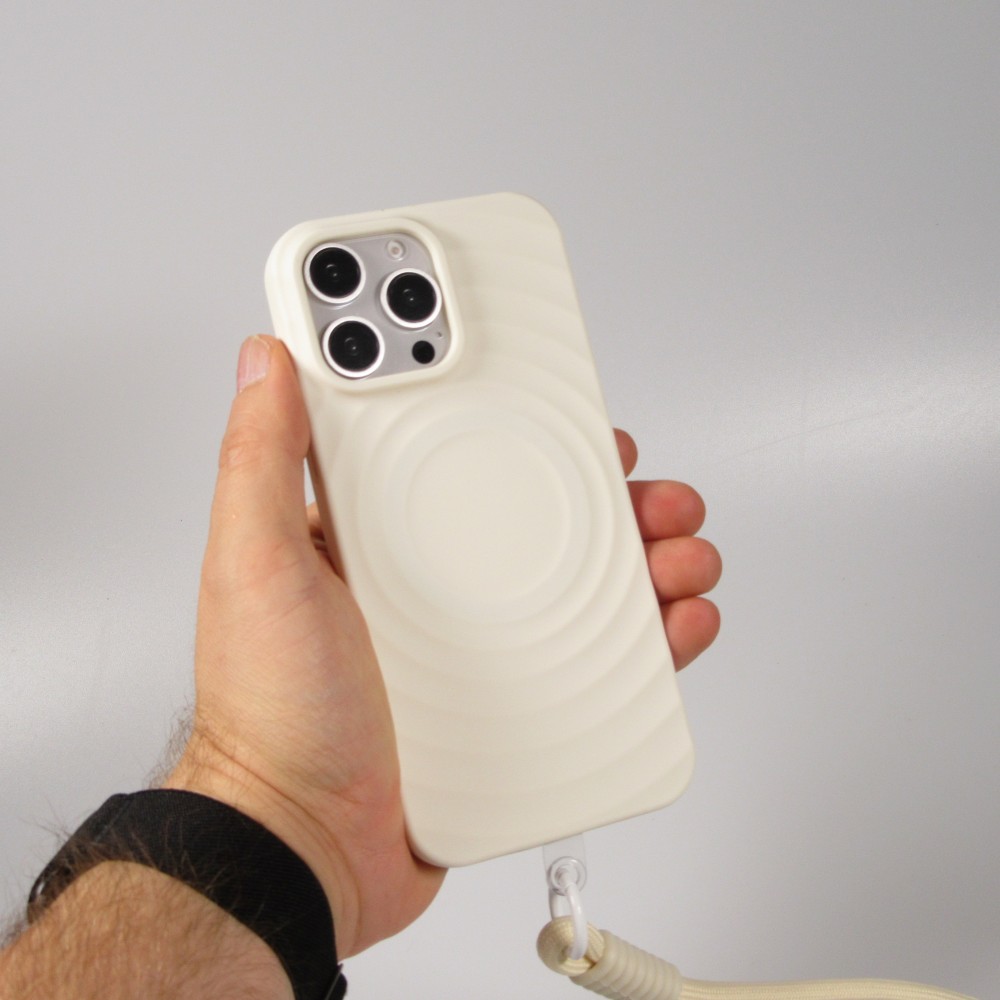 Coque iPhone 16 Pro Max - Silicone Soft Touch MagSafe avec vagues et lani&egrave;re - Blanc