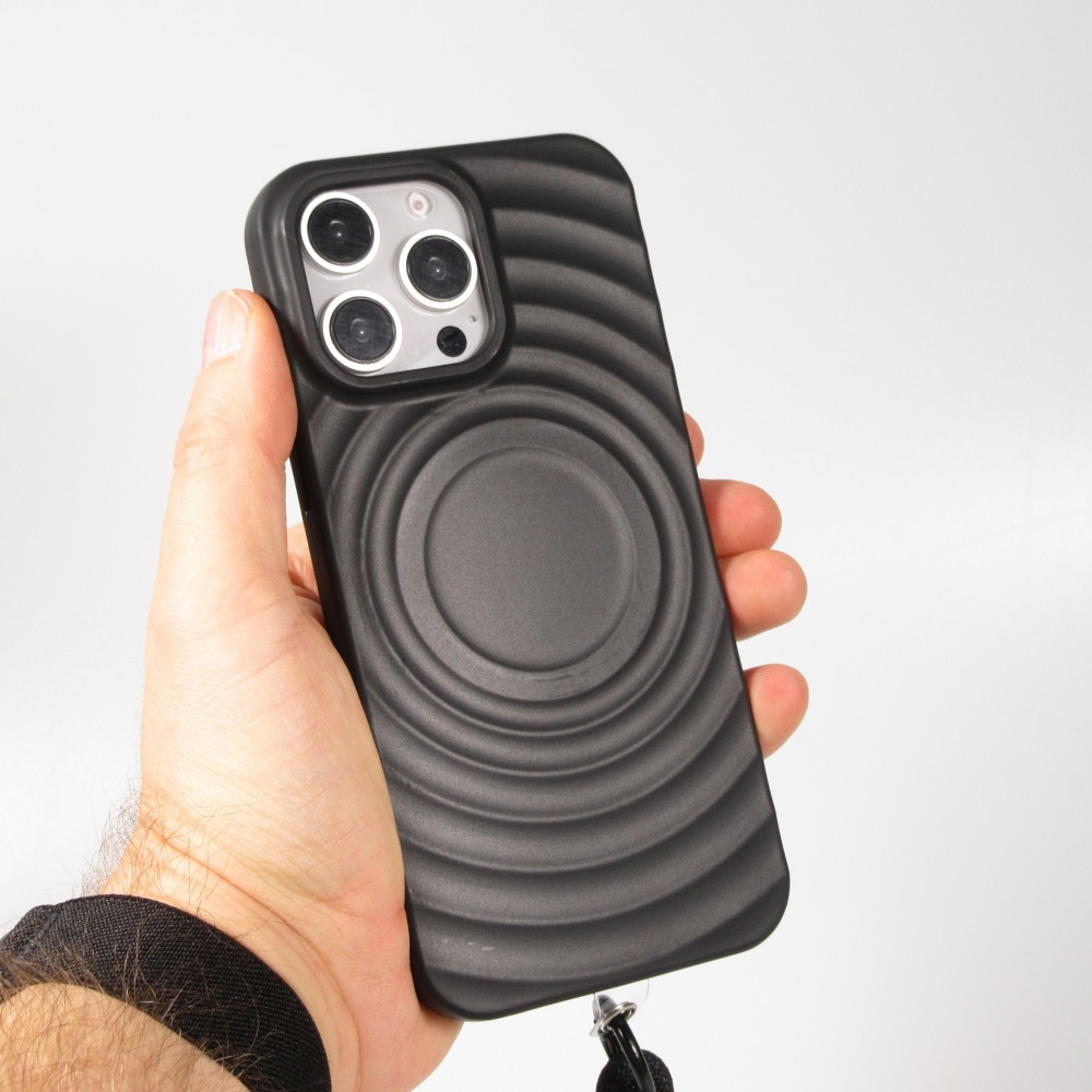 Coque iPhone 16 Pro Max - Silicone Soft Touch MagSafe avec vagues et lani&egrave;re - Noir