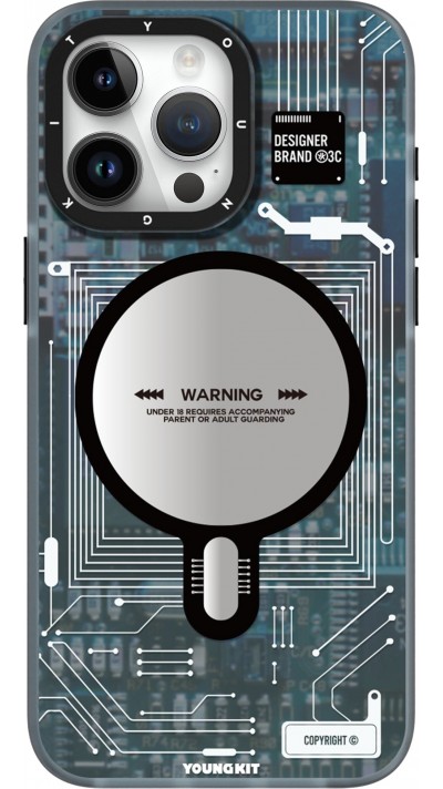 Coque iPhone 16 Pro Max - Youngkit silicone compatible MagSafe design circuit style puce électronique - Bleu