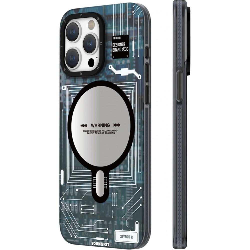 Coque iPhone 16 Pro Max - Youngkit silicone compatible MagSafe design circuit style puce électronique - Bleu