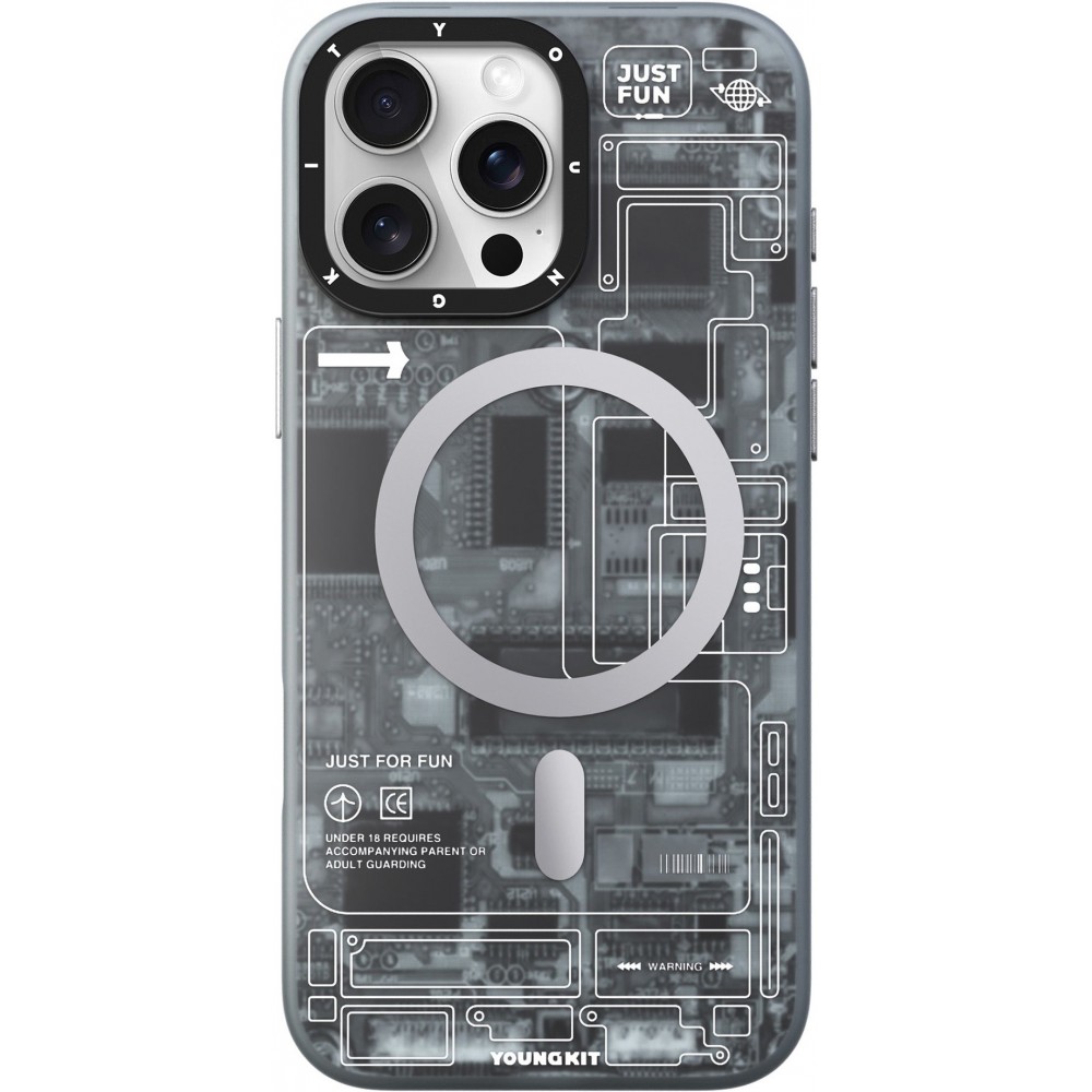 Coque iPhone 16 Pro Max - Youngkit silicone compatible MagSafe design circuit style puce électronique - Gris