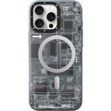 Coque iPhone 16 Pro Max - Youngkit silicone compatible MagSafe design circuit style puce électronique - Gris