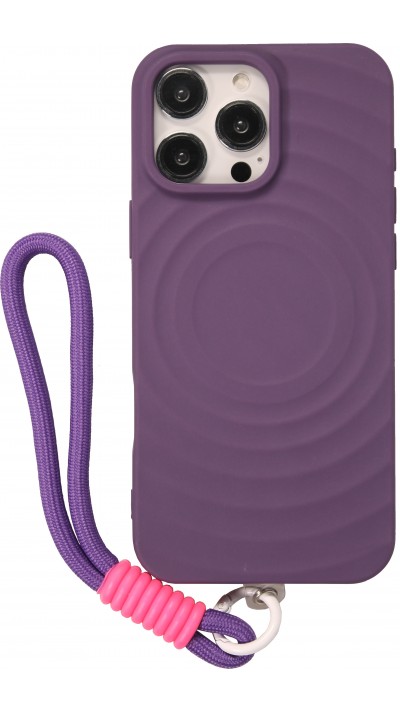 Coque iPhone 16 Pro - Silicone Soft Touch MagSafe avec vagues et lanière - Violet