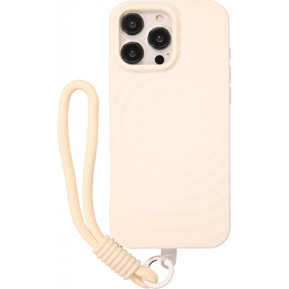 Coque iPhone 16 Pro - Silicone Soft Touch MagSafe avec vagues et lani&egrave;re - Blanc