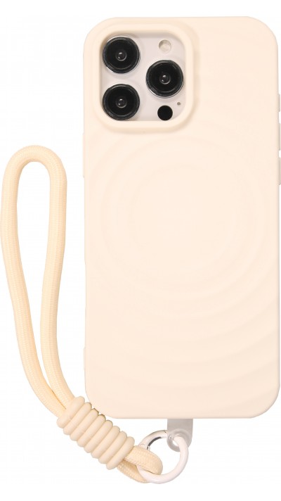 Coque iPhone 16 Pro - Silicone Soft Touch MagSafe avec vagues et lanière - Blanc