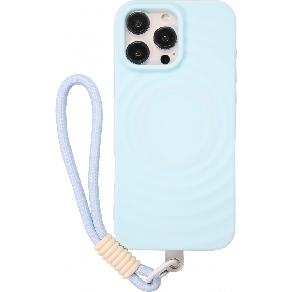 Coque iPhone 16 Pro - Silicone Soft Touch MagSafe avec vagues et lani&egrave;re - Bleu