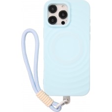 Coque iPhone 16 Pro - Silicone Soft Touch MagSafe avec vagues et lani&egrave;re - Bleu