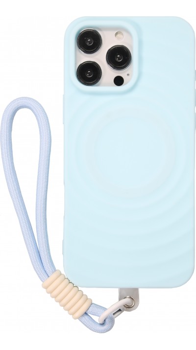 Coque iPhone 16 Pro - Silicone Soft Touch MagSafe avec vagues et lanière - Bleu