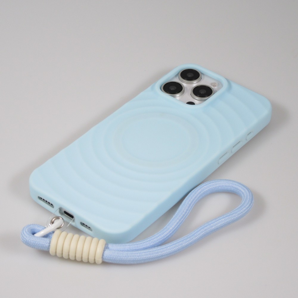 Coque iPhone 16 Pro - Silicone Soft Touch MagSafe avec vagues et lani&egrave;re - Bleu