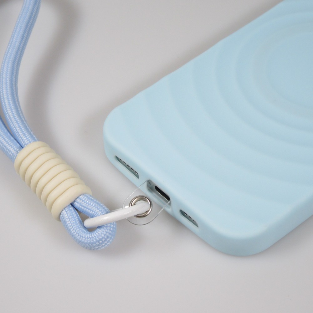 Coque iPhone 16 Pro - Silicone Soft Touch MagSafe avec vagues et lani&egrave;re - Bleu