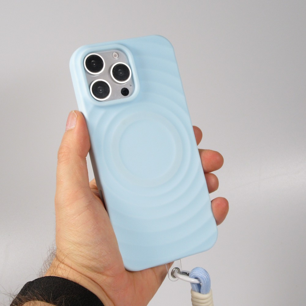 Coque iPhone 16 Pro - Silicone Soft Touch MagSafe avec vagues et lani&egrave;re - Bleu