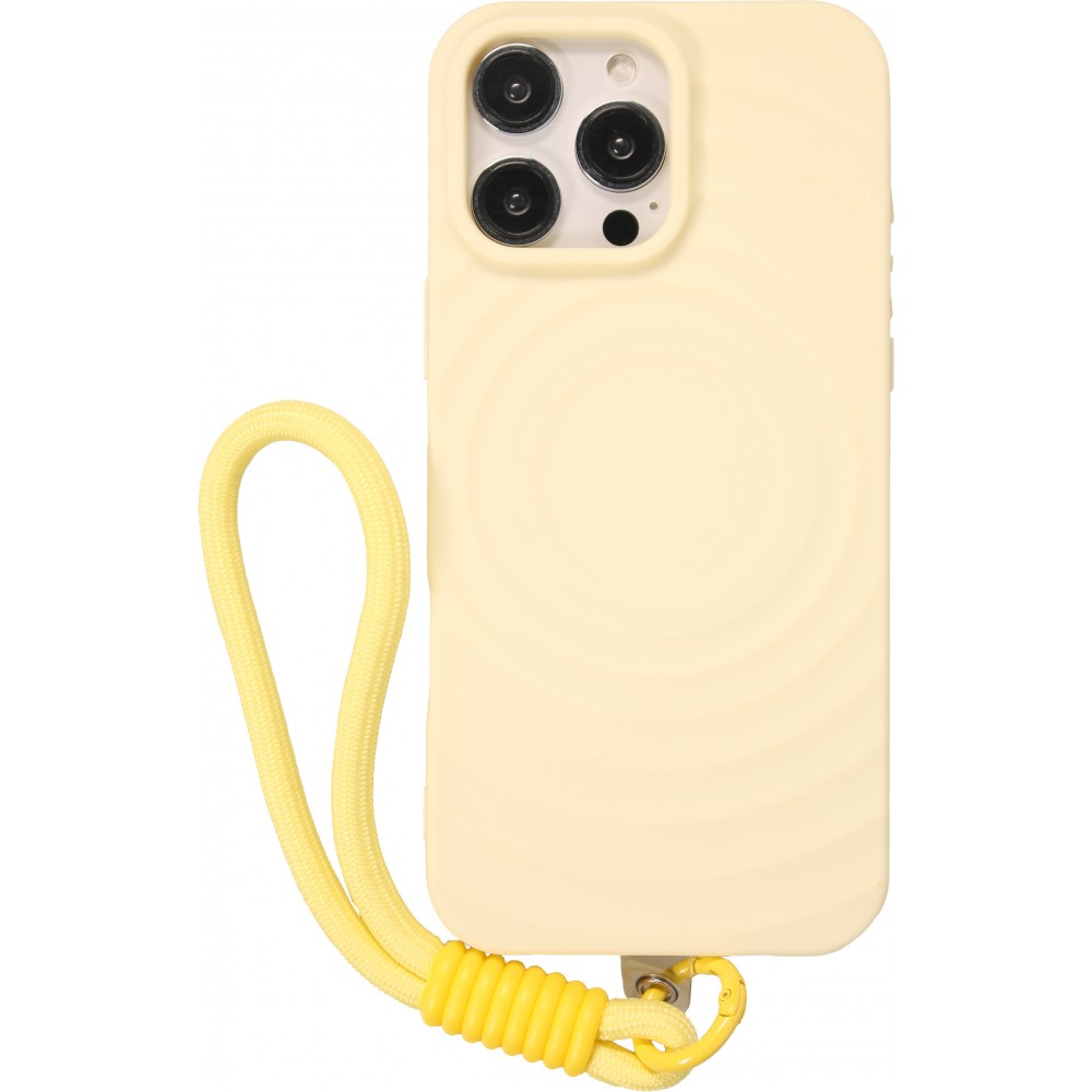 Coque iPhone 16 Pro - Silicone Soft Touch MagSafe avec vagues et lanière - Jaune