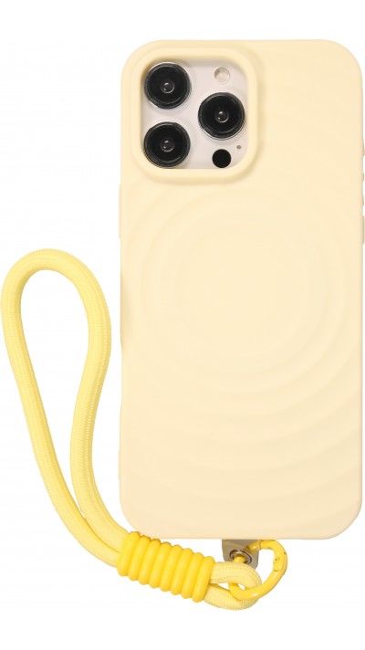 Coque iPhone 16 Pro - Silicone Soft Touch MagSafe avec vagues et lanière - Jaune