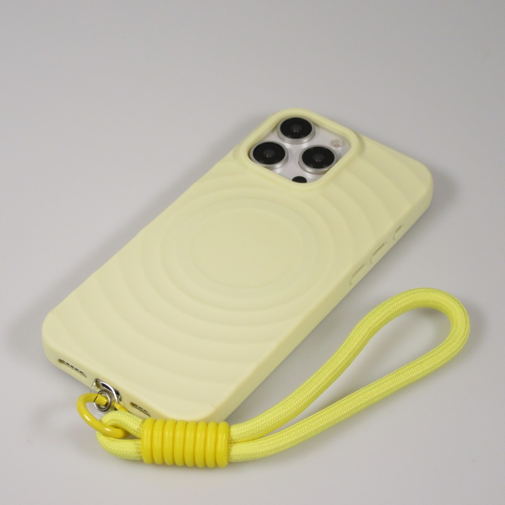 Coque iPhone 16 Pro - Silicone Soft Touch MagSafe avec vagues et lanière - Jaune