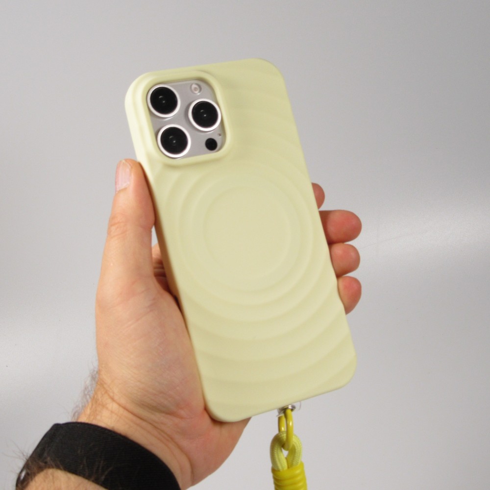 Coque iPhone 16 Pro - Silicone Soft Touch MagSafe avec vagues et lanière - Jaune