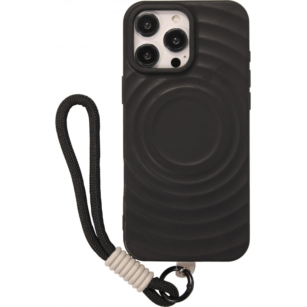 Coque iPhone 16 Pro - Silicone Soft Touch MagSafe avec vagues et lani&egrave;re - Noir