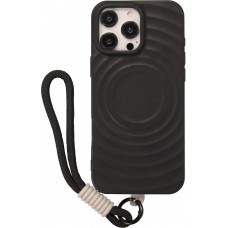 Coque iPhone 16 Pro - Silicone Soft Touch MagSafe avec vagues et lani&egrave;re - Noir