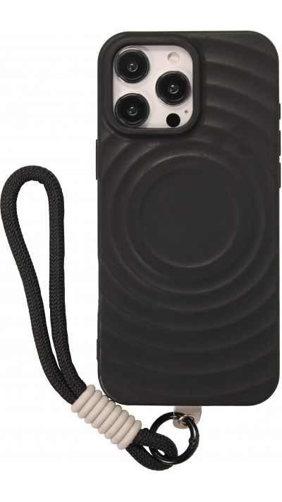 Coque iPhone 16 Pro - Silicone Soft Touch MagSafe avec vagues et lanière - Noir