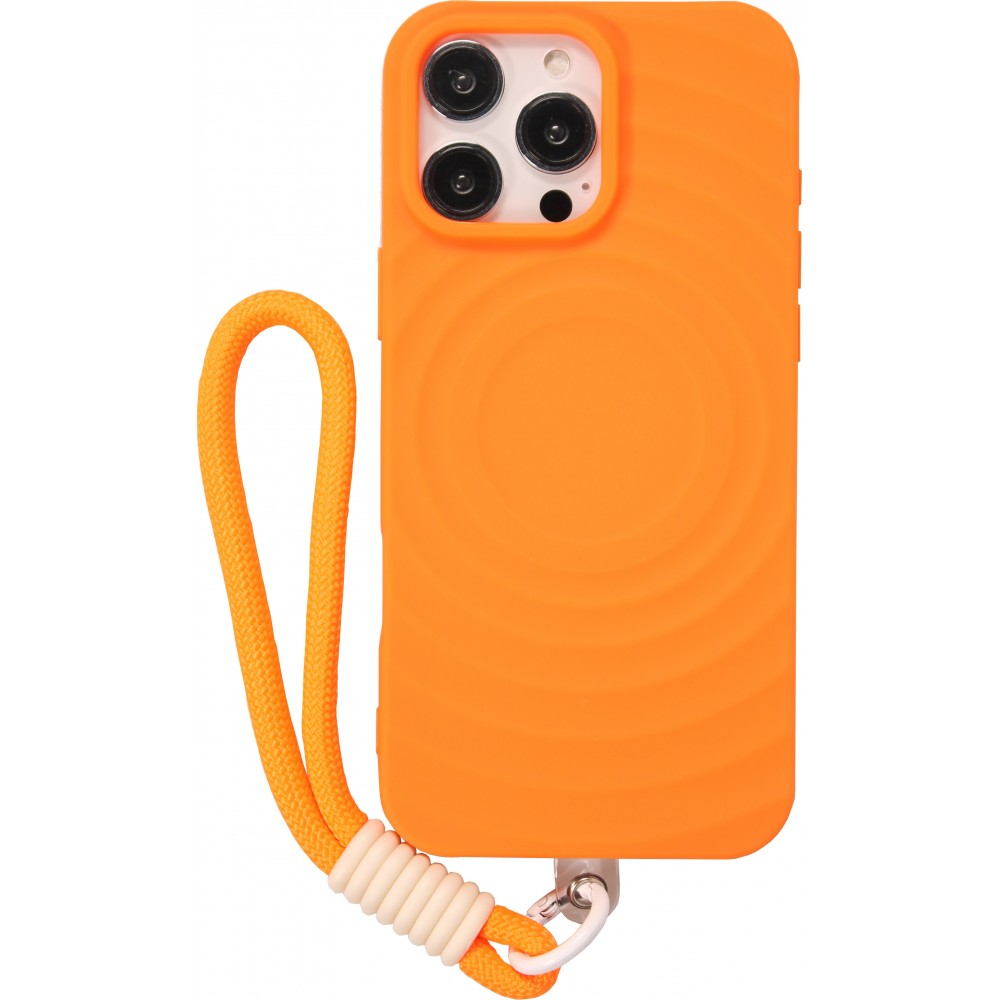 Coque iPhone 16 Pro - Silicone Soft Touch MagSafe avec vagues et lani&egrave;re - Orange