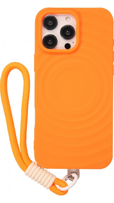 Coque iPhone 16 Pro - Silicone Soft Touch MagSafe avec vagues et lanière - Orange