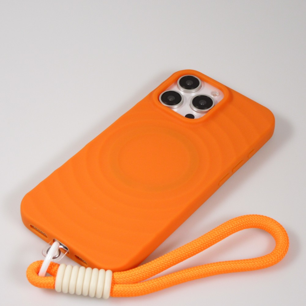 Coque iPhone 16 Pro - Silicone Soft Touch MagSafe avec vagues et lani&egrave;re - Orange