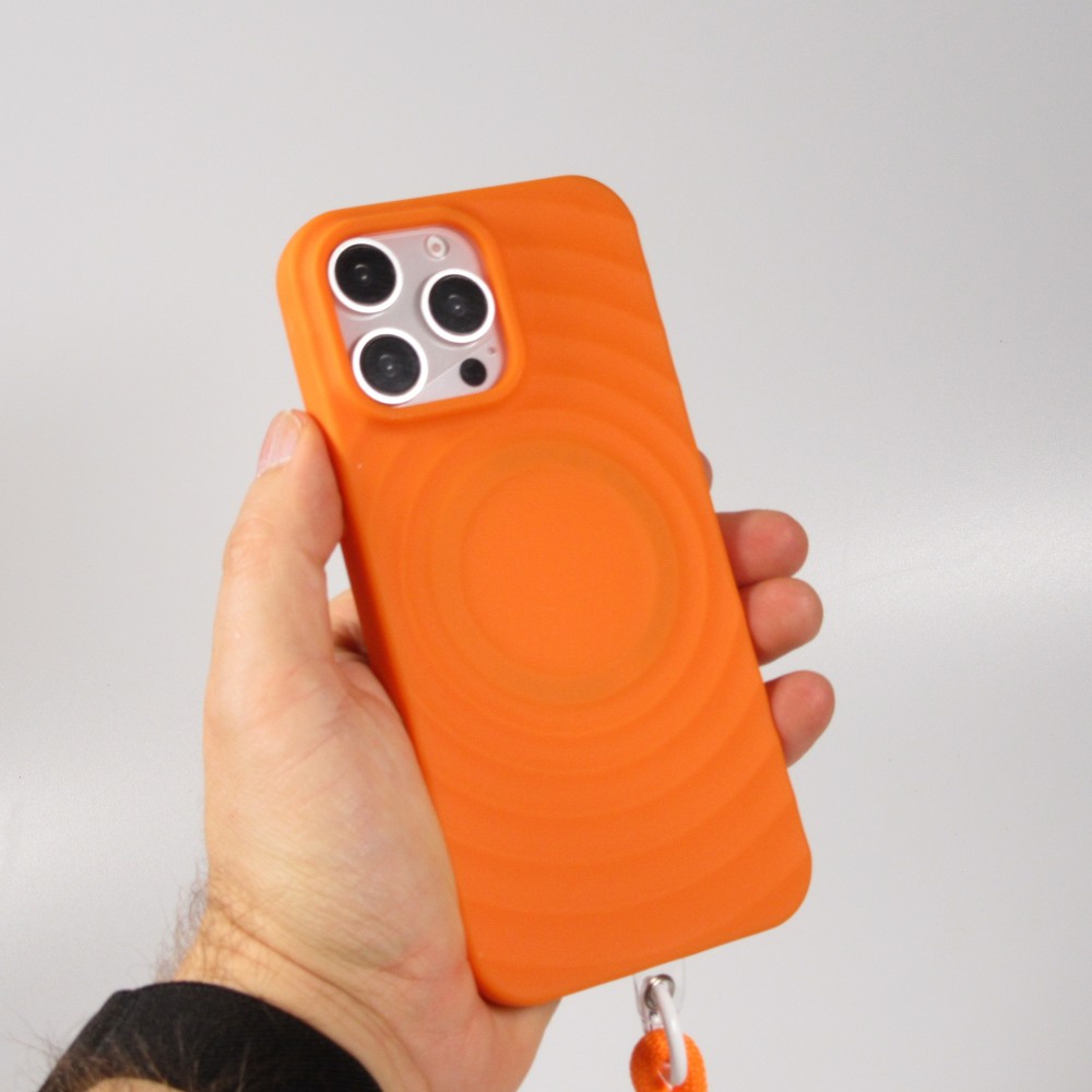 Coque iPhone 16 Pro - Silicone Soft Touch MagSafe avec vagues et lani&egrave;re - Orange
