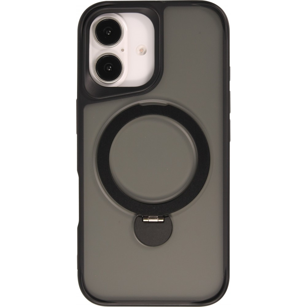 Coque iPhone 16 Pro - Transparente minimaliste avec anneau rotatif et bords renforcés - Noir