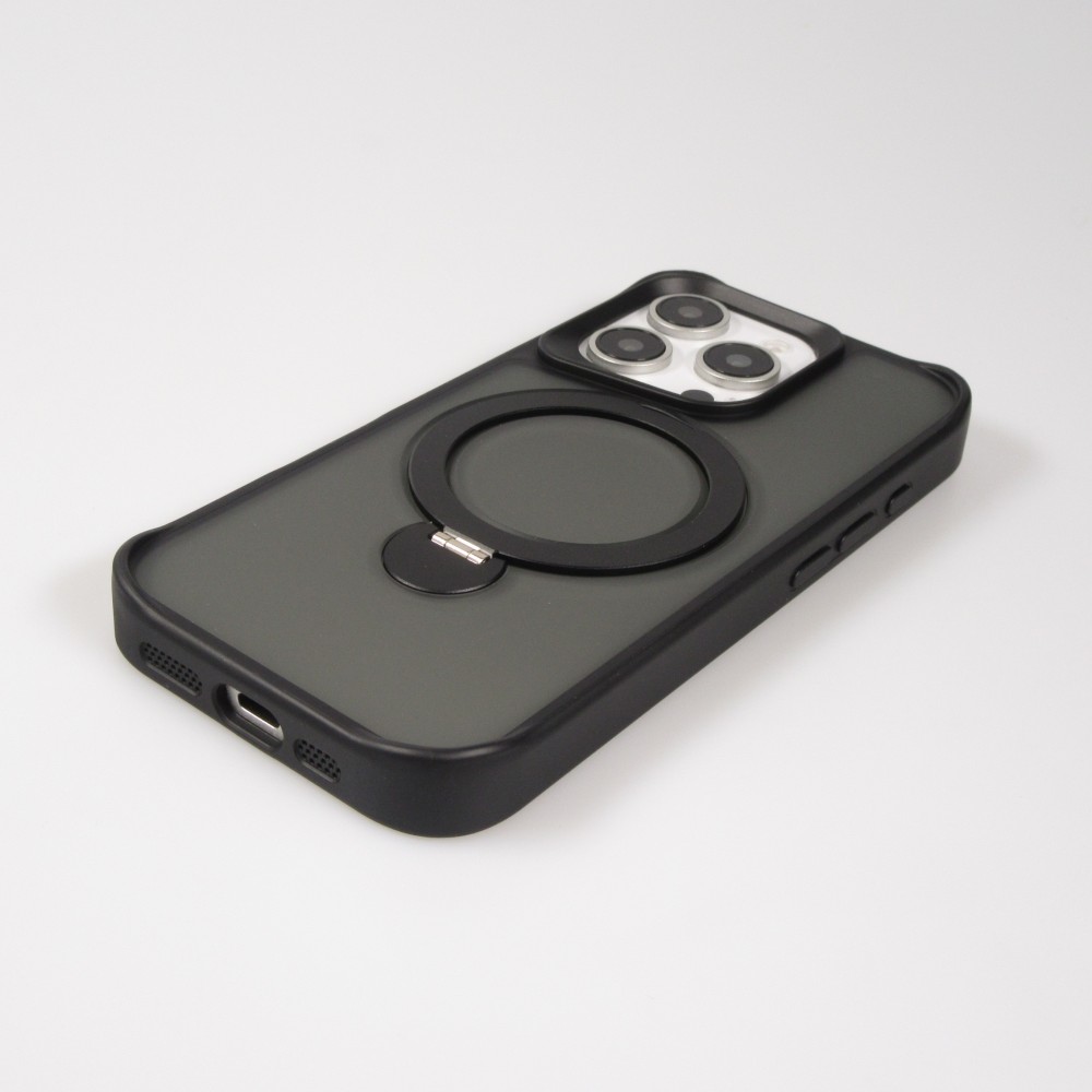 Coque iPhone 16 Pro - Transparente minimaliste avec anneau rotatif et bords renforcés - Noir