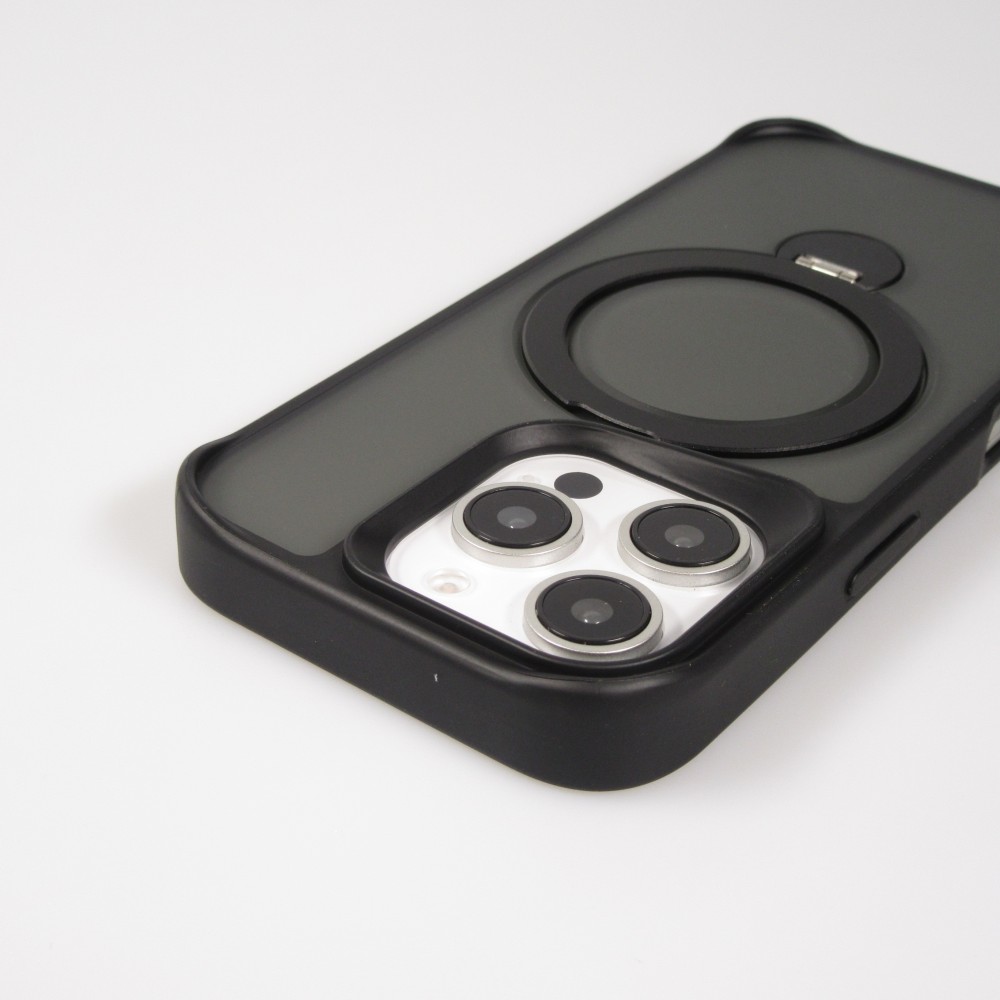 Coque iPhone 16 Pro - Transparente minimaliste avec anneau rotatif et bords renforcés - Noir