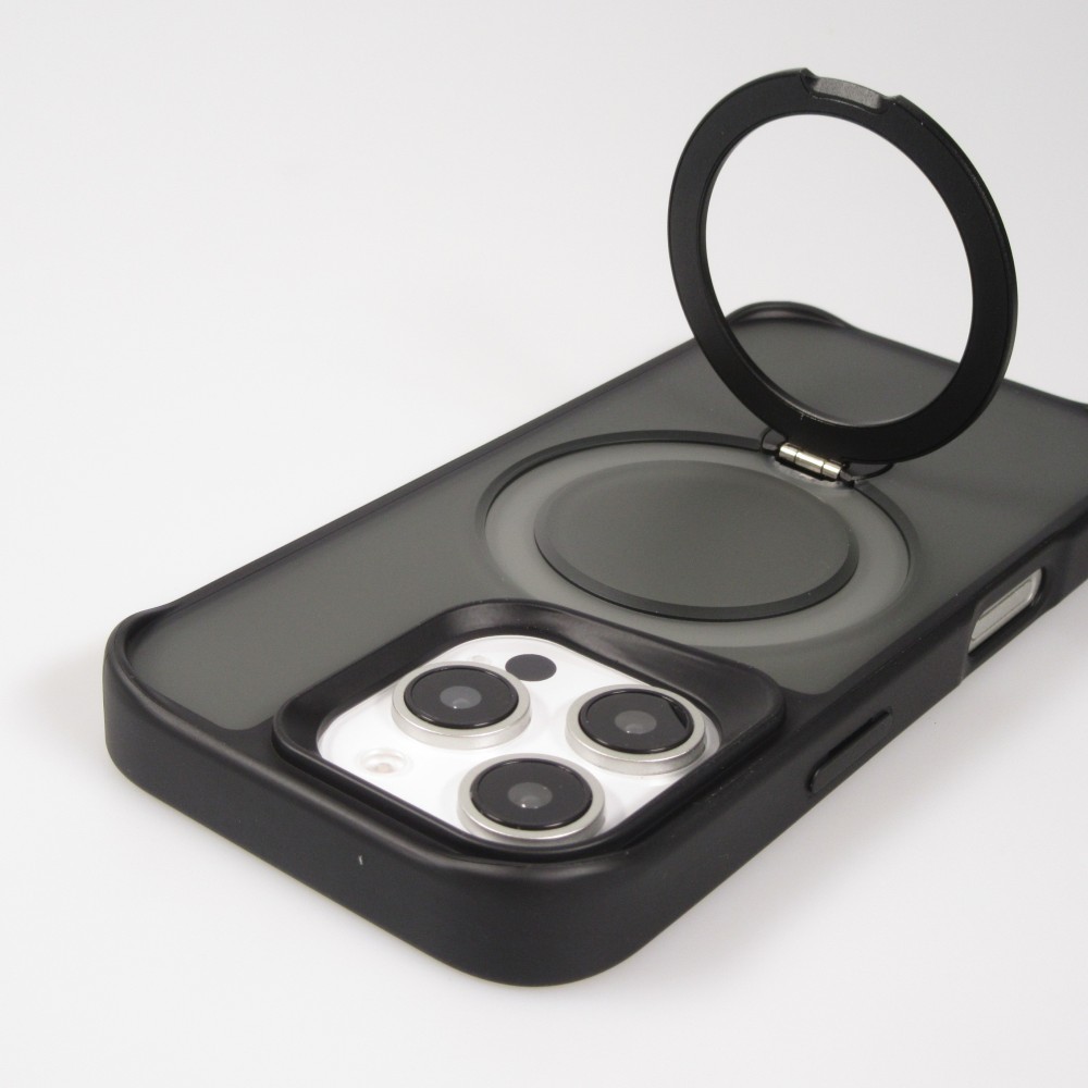 Coque iPhone 16 Pro - Transparente minimaliste avec anneau rotatif et bords renforcés - Noir