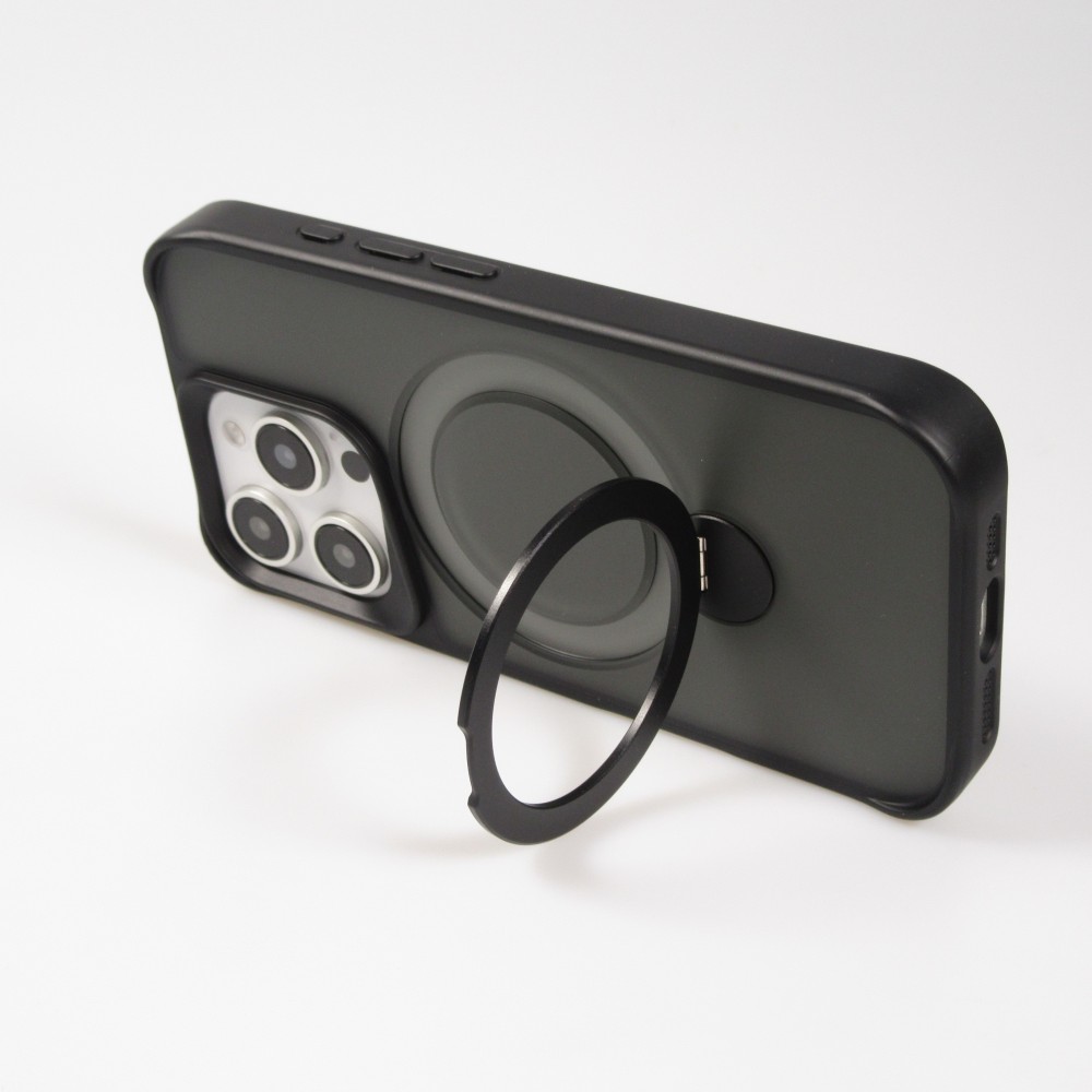 Coque iPhone 16 Pro - Transparente minimaliste avec anneau rotatif et bords renforcés - Noir