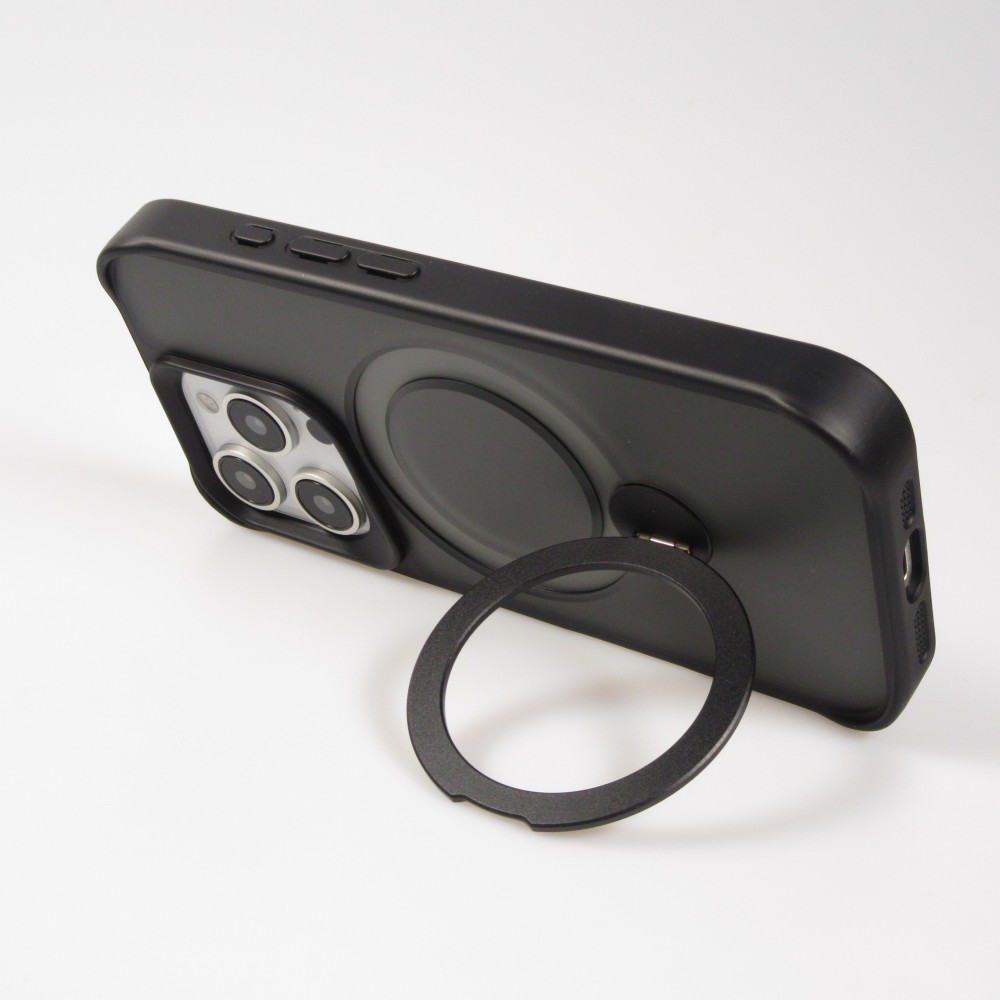 Coque iPhone 16 Pro - Transparente minimaliste avec anneau rotatif et bords renforcés - Noir