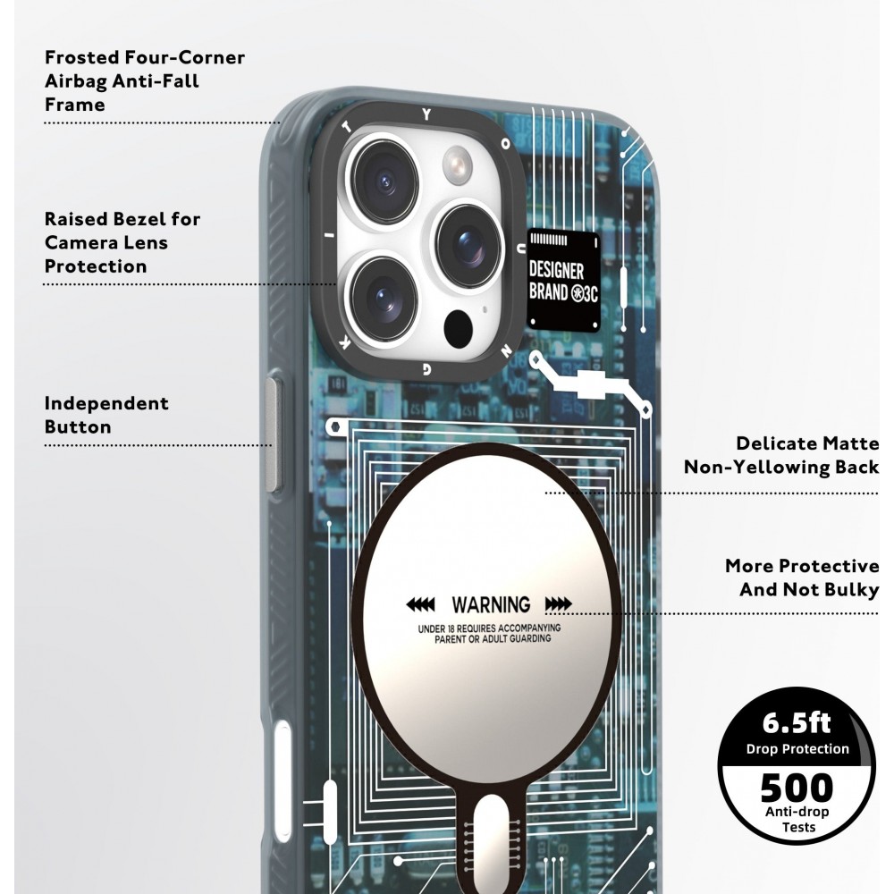 Coque iPhone 16 Pro - Youngkit silicone compatible MagSafe design circuit style puce électronique - Bleu