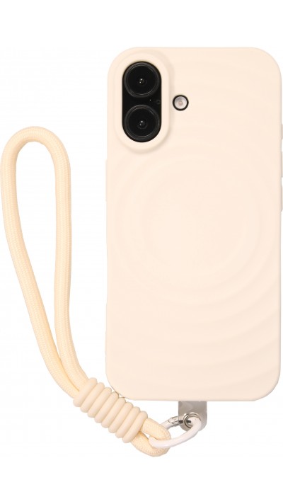 Coque iPhone 16 - Silicone Soft Touch MagSafe avec vagues et lanière - Blanc