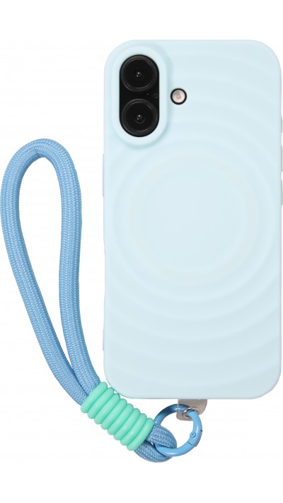 Coque iPhone 16 - Silicone Soft Touch MagSafe avec vagues et lanière - Bleu