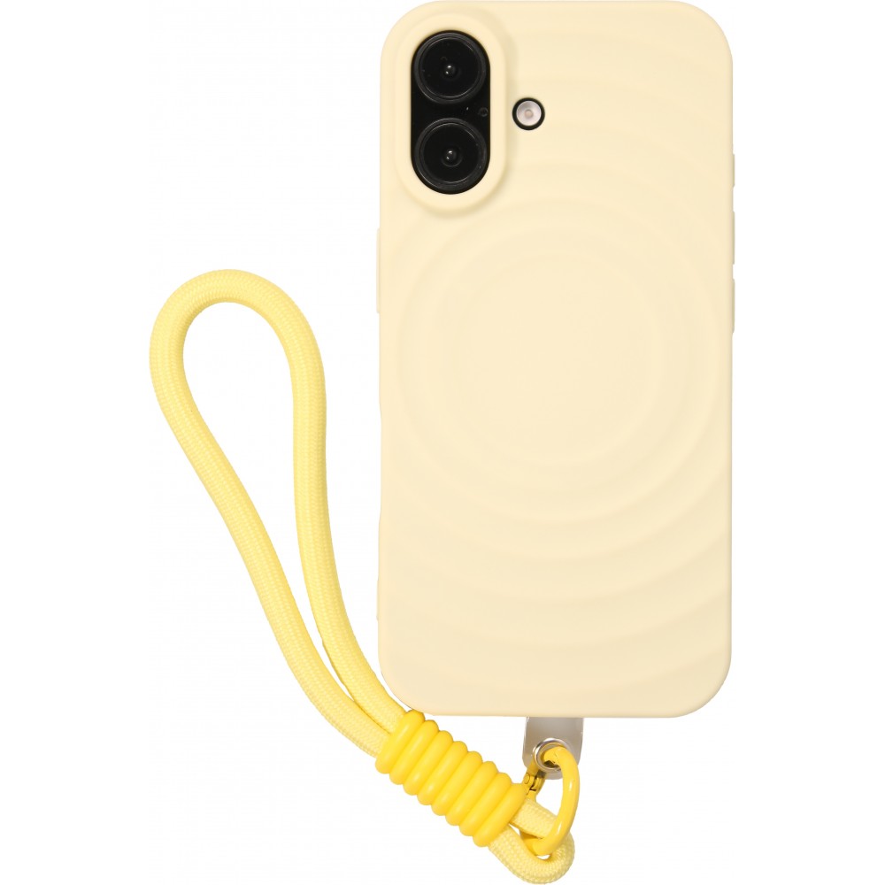 Coque iPhone 16 - Silicone Soft Touch MagSafe avec vagues et lanière - Jaune